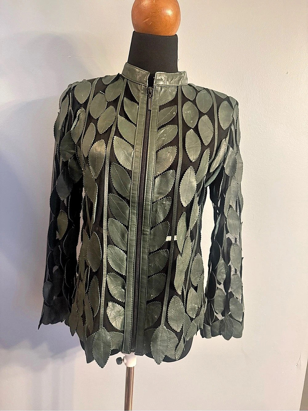 Dakota West Leaf Appliqué Leather Jacket Green Medium